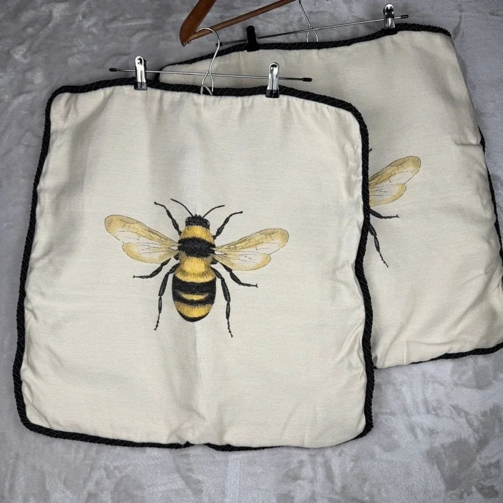Set of 2 Embroidered Bee Pillow‎ Covers Cream Black Trim